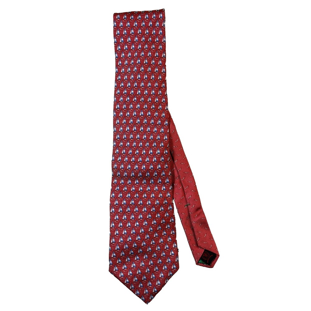 Tommy Hilfiger Tie Mens Vintage Red Silk Sailboat Nautical Preppy